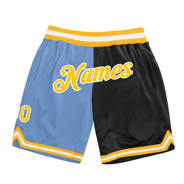 Custom Light Blue Gold-Black Authentic Throwback Split Fashion Basketball Shorts