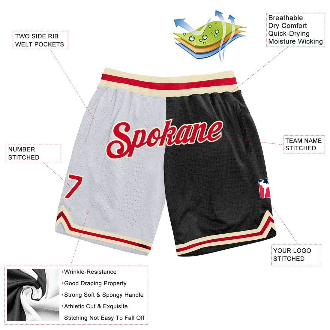 Custom White Red-Black Authentic Throwback Split Fashion Basketball Shorts