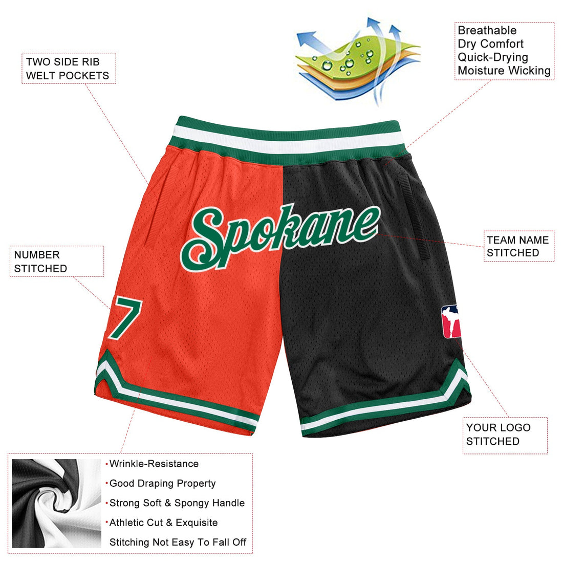 Custom Orange Kelly Green-Black Authentic Throwback Split Fashion Basketball Shorts