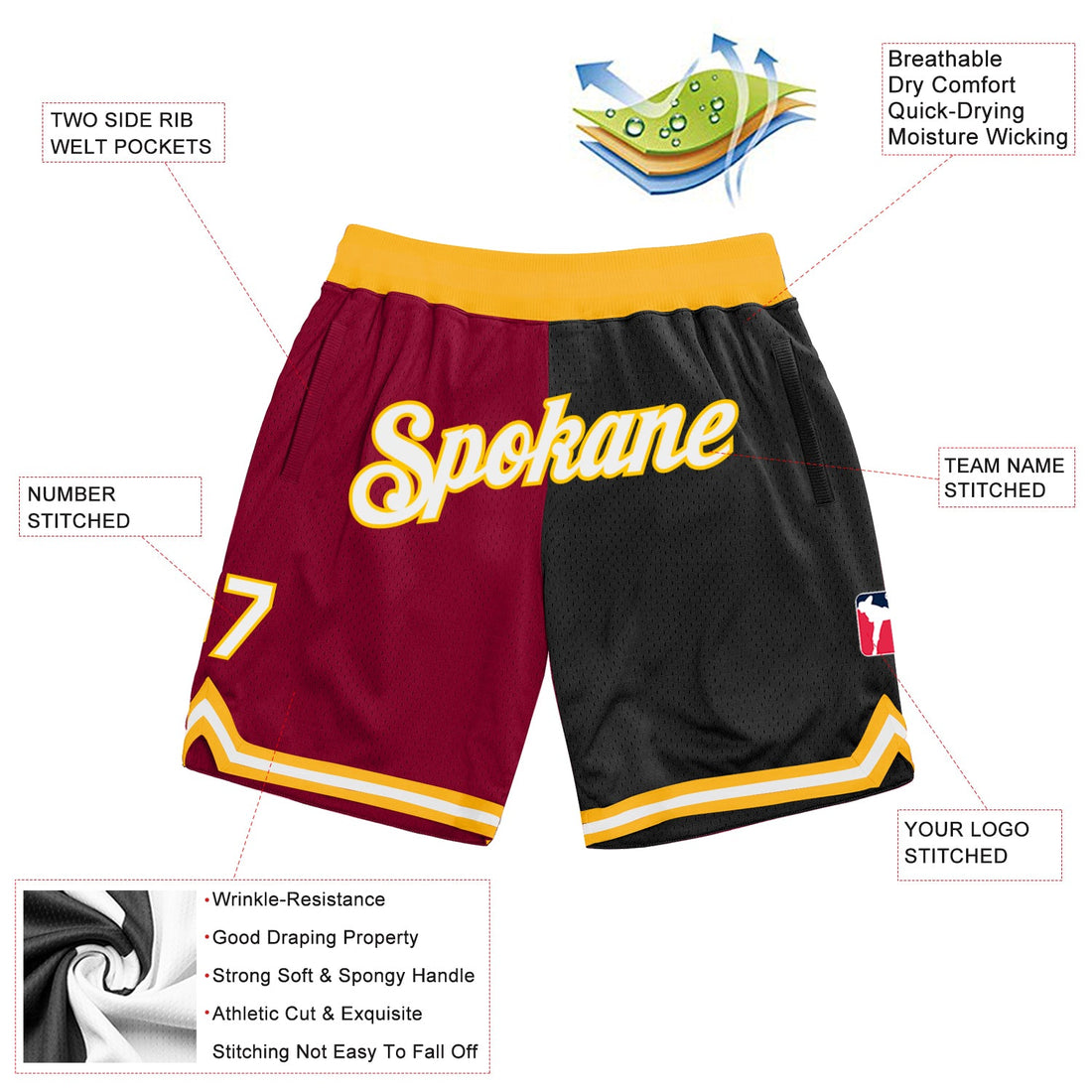 Custom Maroon White-Black Authentic Throwback Split Fashion Basketball Shorts