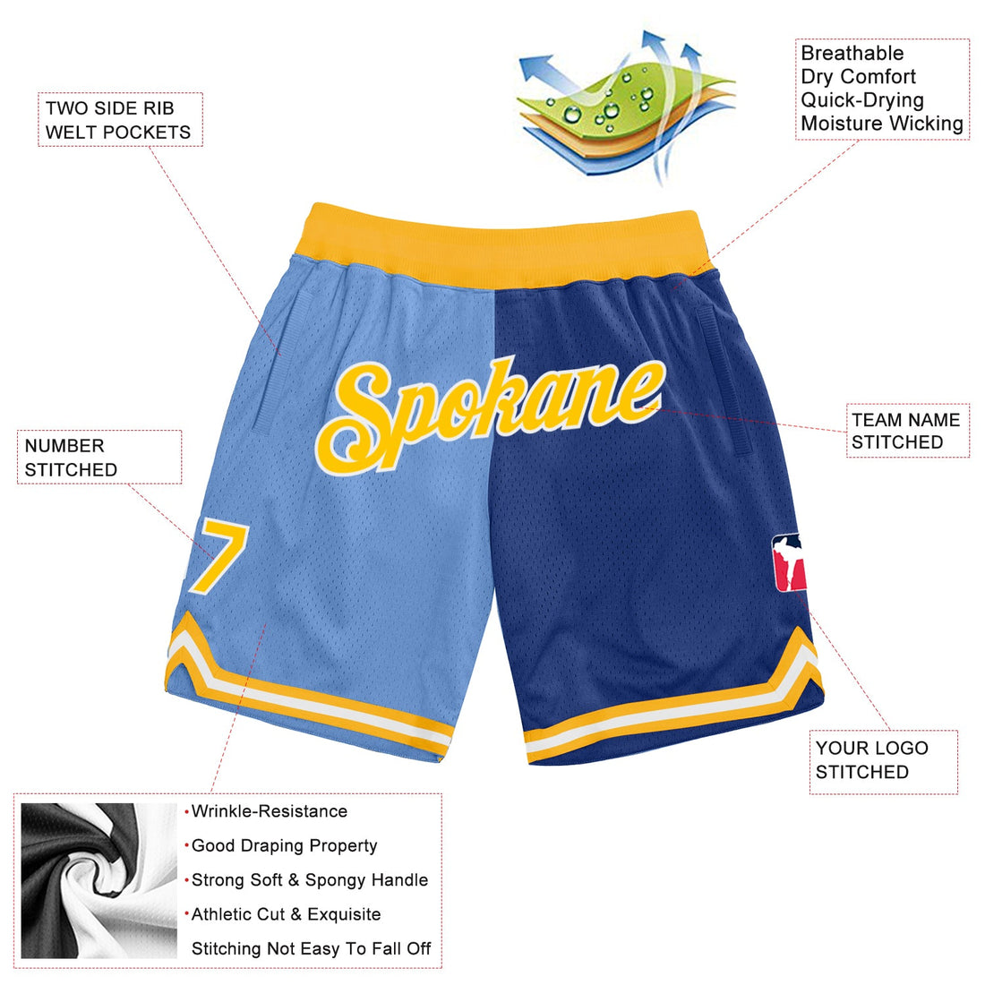 Custom Light Blue Gold-Royal Authentic Throwback Split Fashion Basketball Shorts