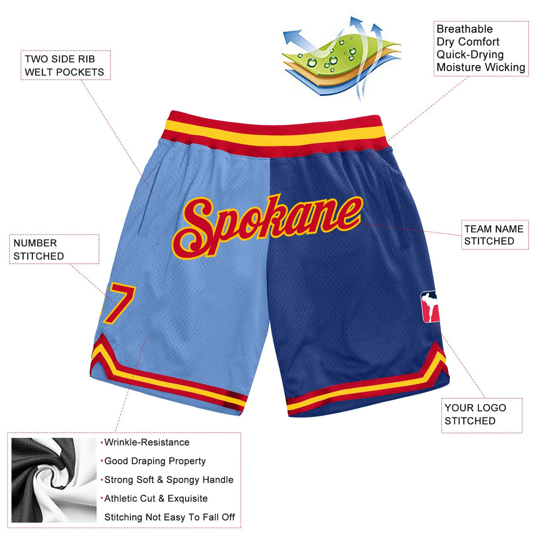 Custom Light Blue Red-Royal Authentic Throwback Split Fashion Basketball Shorts