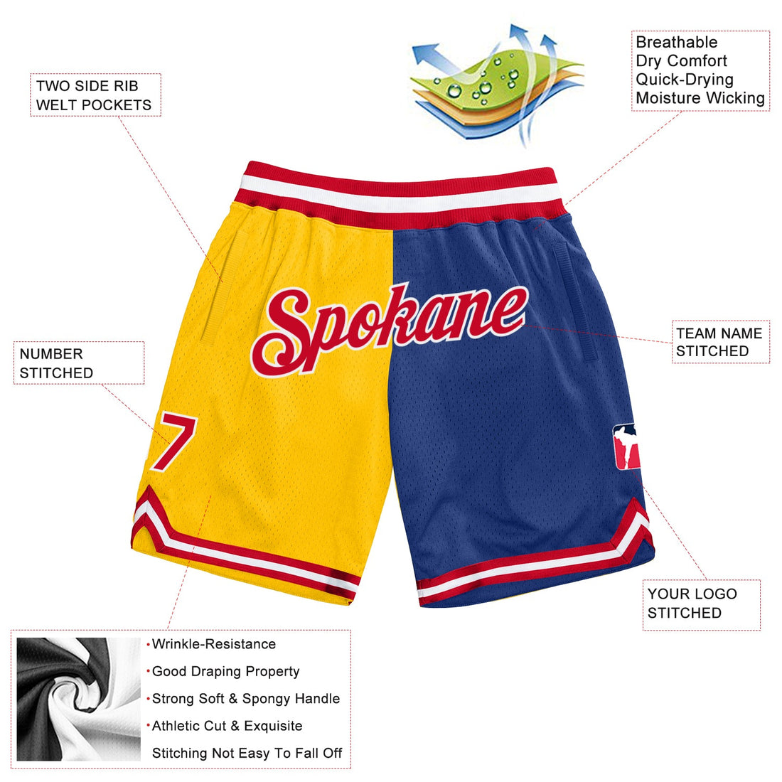 Custom Gold Red-Royal Authentic Throwback Split Fashion Basketball Shorts