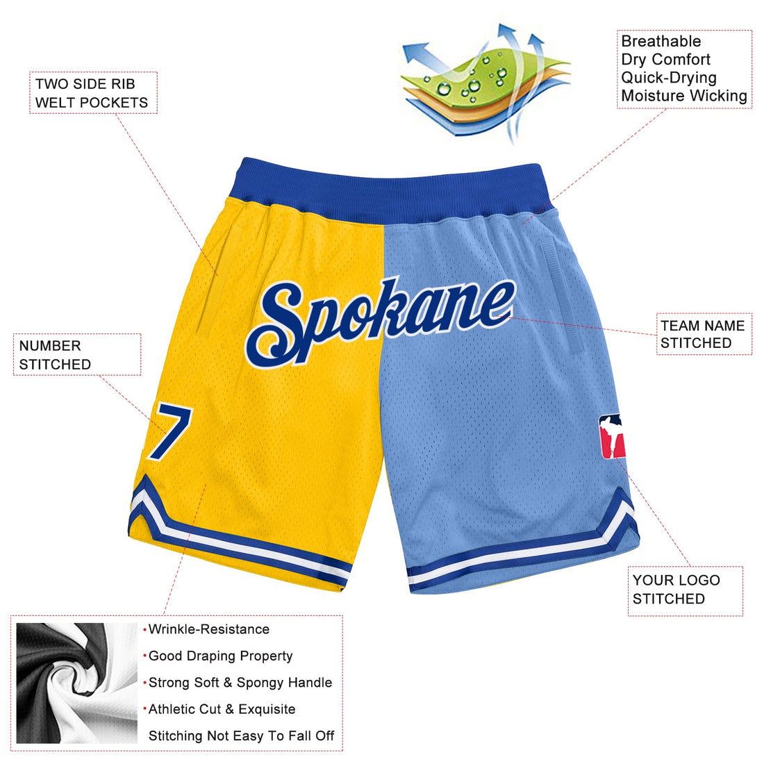 Custom Gold Royal-Light Blue Authentic Throwback Split Fashion Basketball Shorts