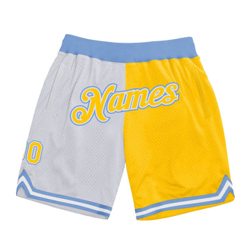 Custom White Gold-Light Blue Authentic Throwback Split Fashion Basketball Shorts