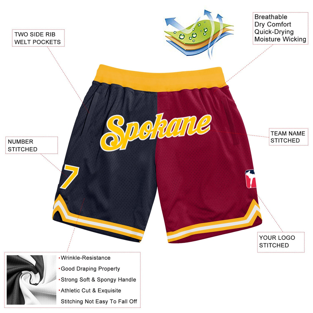 Custom Navy Gold-Maroon Authentic Throwback Split Fashion Basketball Shorts