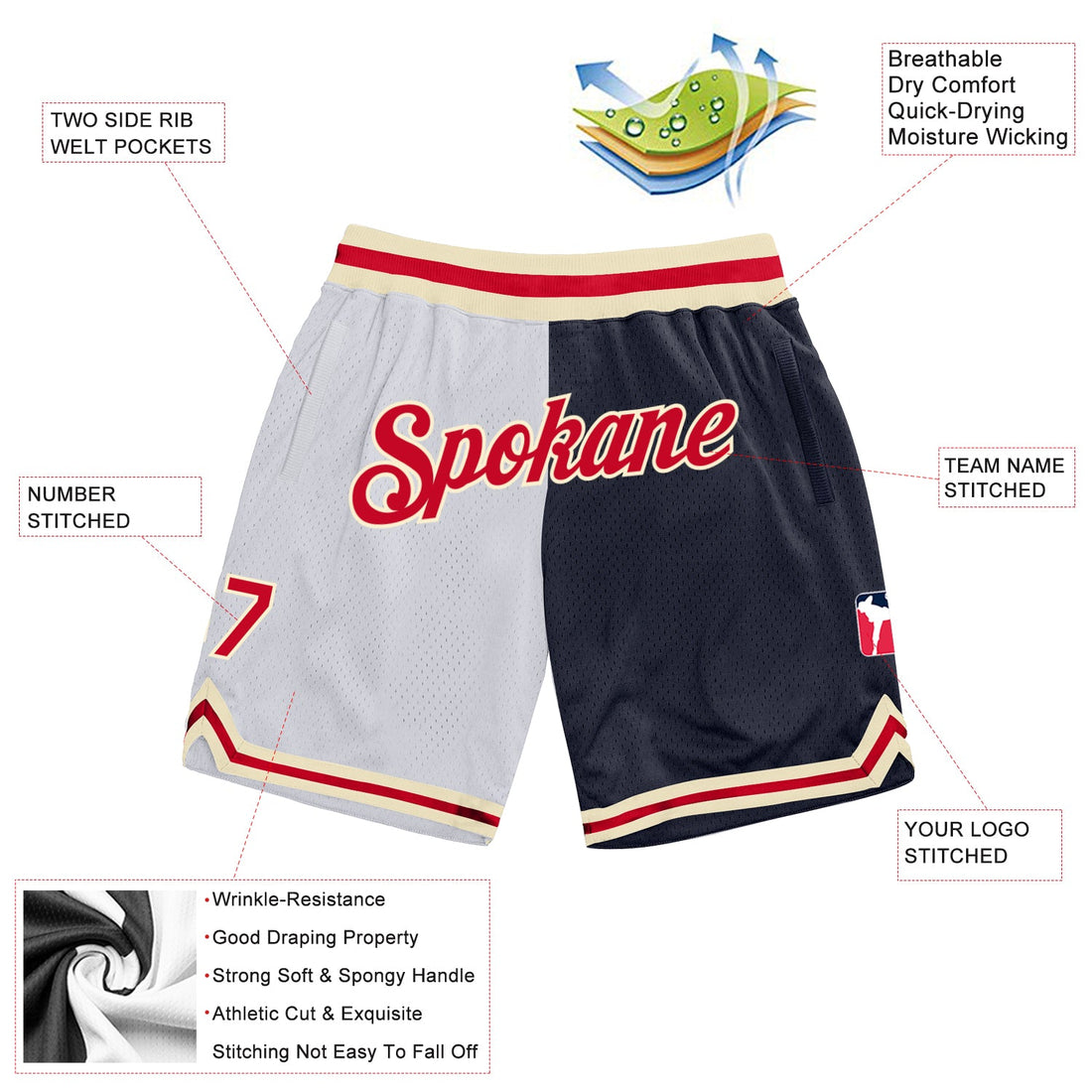 Custom White Red-Navy Authentic Throwback Split Fashion Basketball Shorts