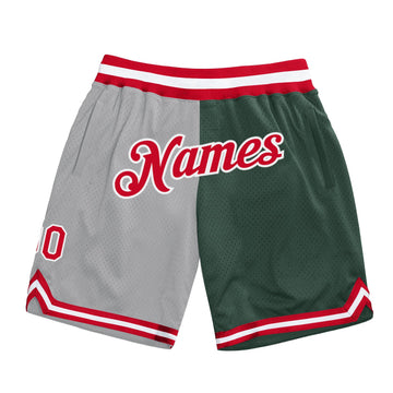 Custom Gray Red-Hunter Green Authentic Throwback Split Fashion Basketball Shorts