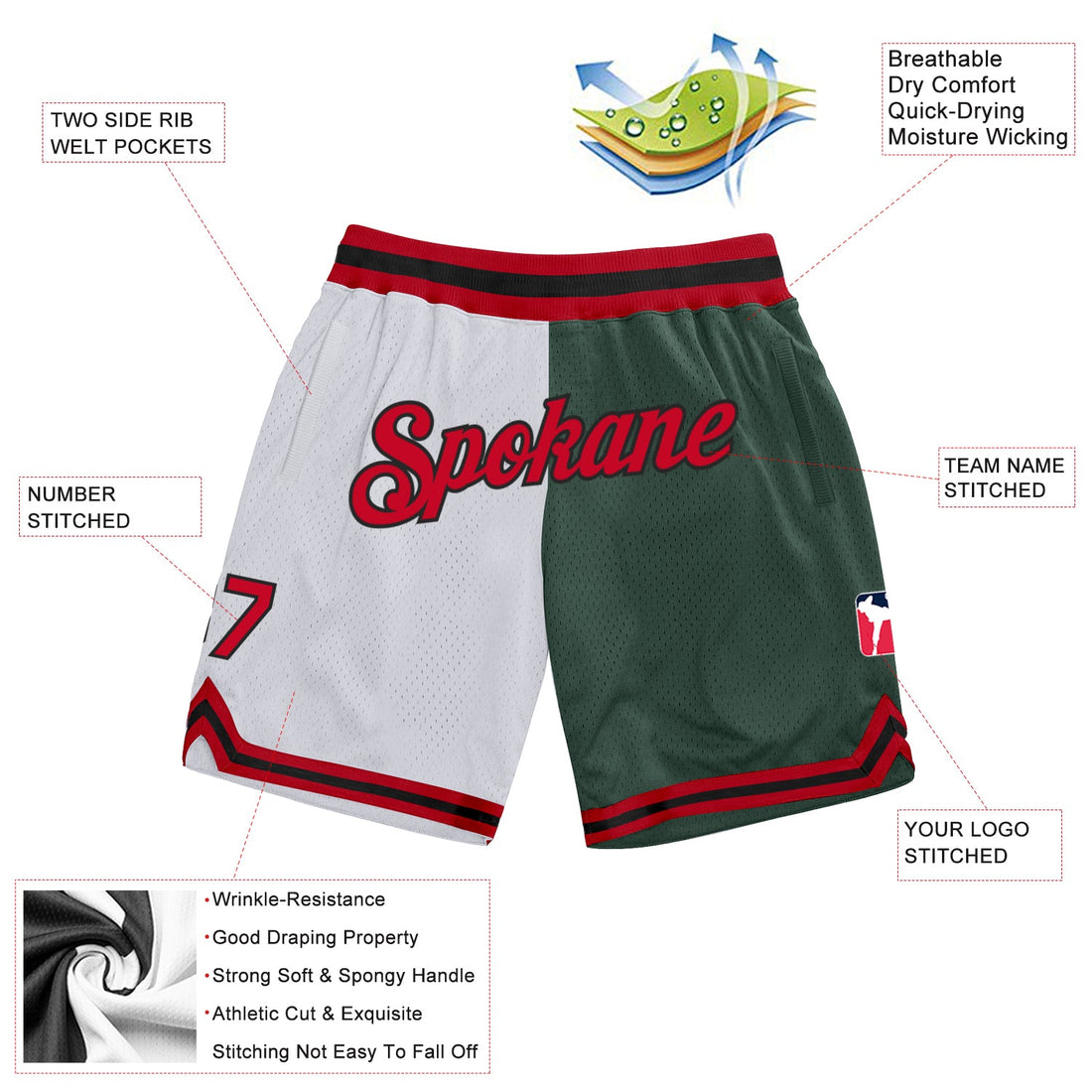 Custom White Red-Hunter Green Authentic Throwback Split Fashion Basketball Shorts