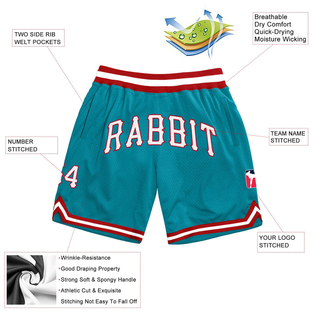 Custom Teal White-Red Authentic Throwback Basketball Shorts