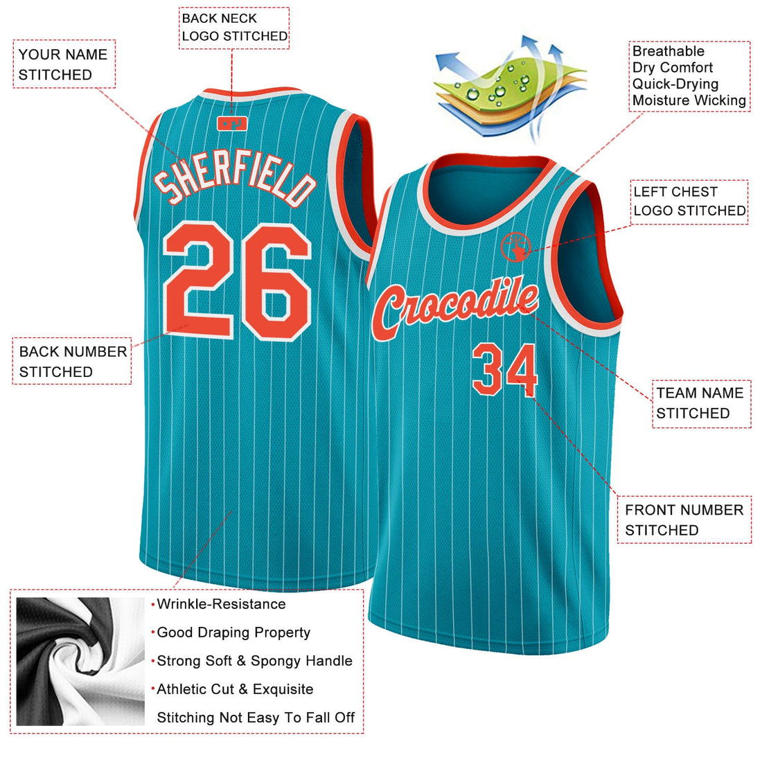 Custom Teal White Pinstripe Orange-White Authentic Basketball Jersey