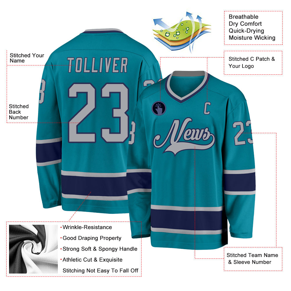 Custom Teal Gray-Navy Hockey Jersey