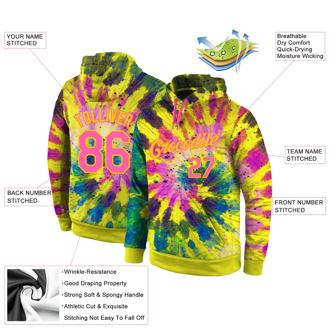 Custom Stitched Tie Dye Pink-Gold 3D Pattern Design Sports Pullover Sweatshirt Hoodie