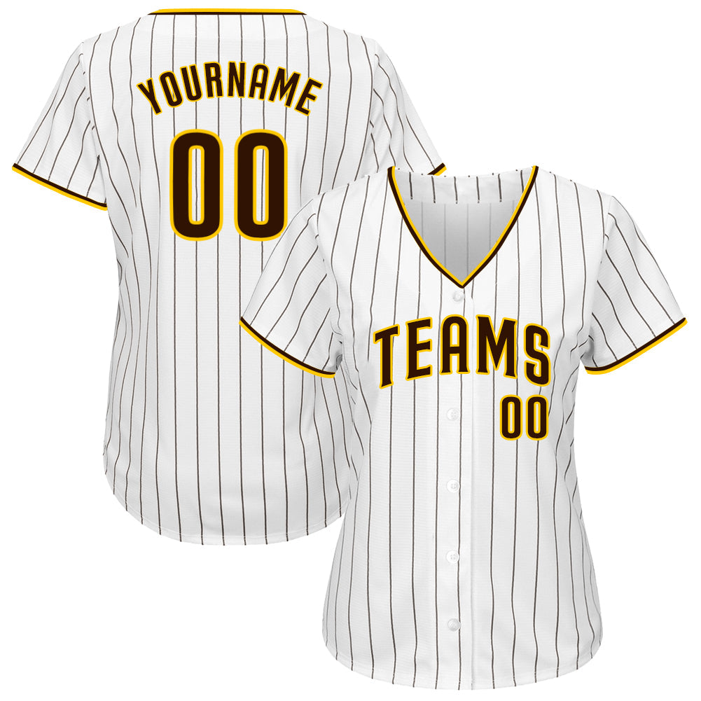 Custom White Brown Pinstripe Brown-Gold Authentic Baseball Jersey