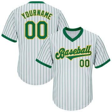 Custom White Kelly Green Pinstripe Kelly Green-Gold Authentic Throwback Rib-Knit Baseball Jersey Shirt