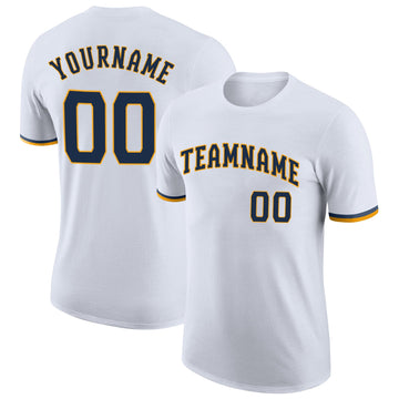 Custom White Navy-Gold Performance T-Shirt