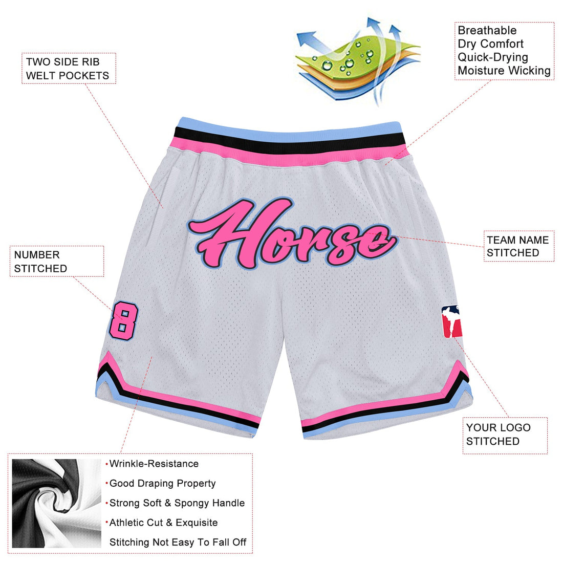 Custom White Pink-Light Blue Authentic Throwback Basketball Shorts