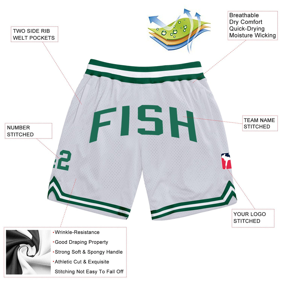 Custom White Kelly Green Authentic Throwback Basketball Shorts