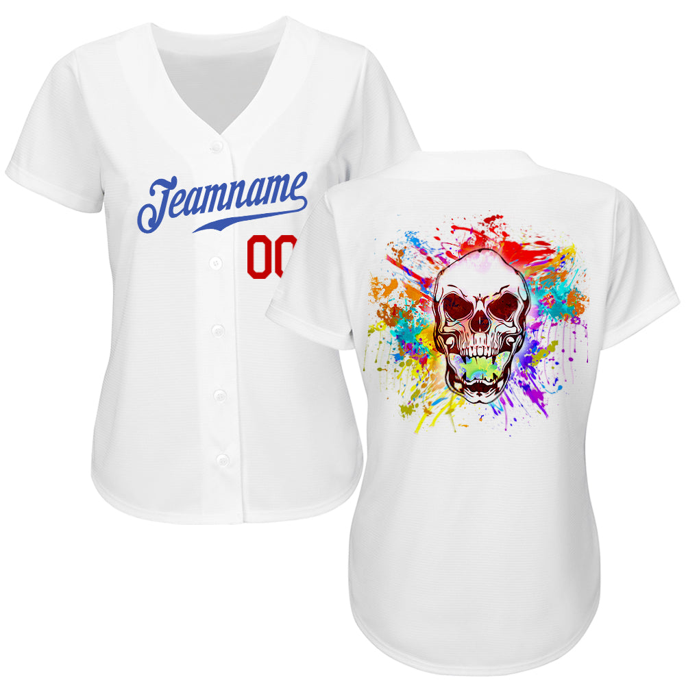 Custom White Royal-Red Authentic Skull Fashion Baseball Jersey