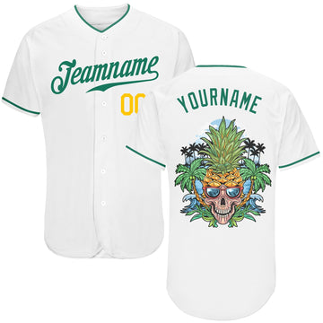 Custom White Kelly Green-Gold Authentic Skull Pineapple Head Baseball Jersey