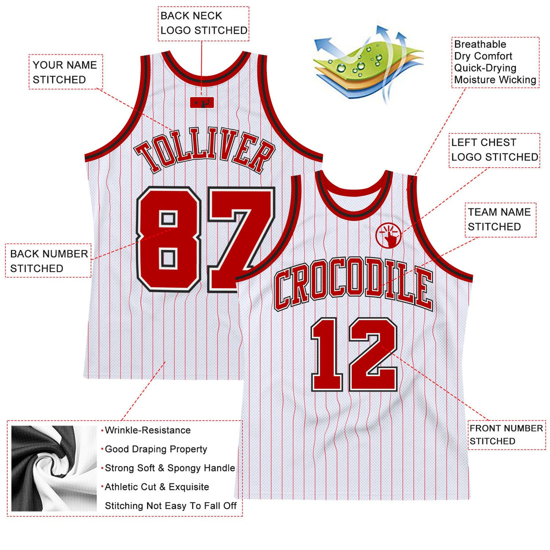 Custom White Red Pinstripe Red-Black Authentic Basketball Jersey