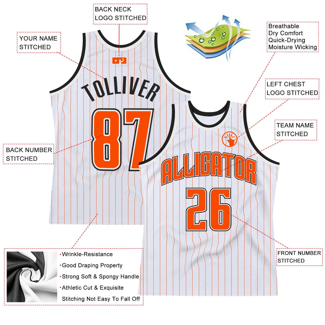 Custom White Orange Pinstripe Orange-Black Authentic Basketball Jersey