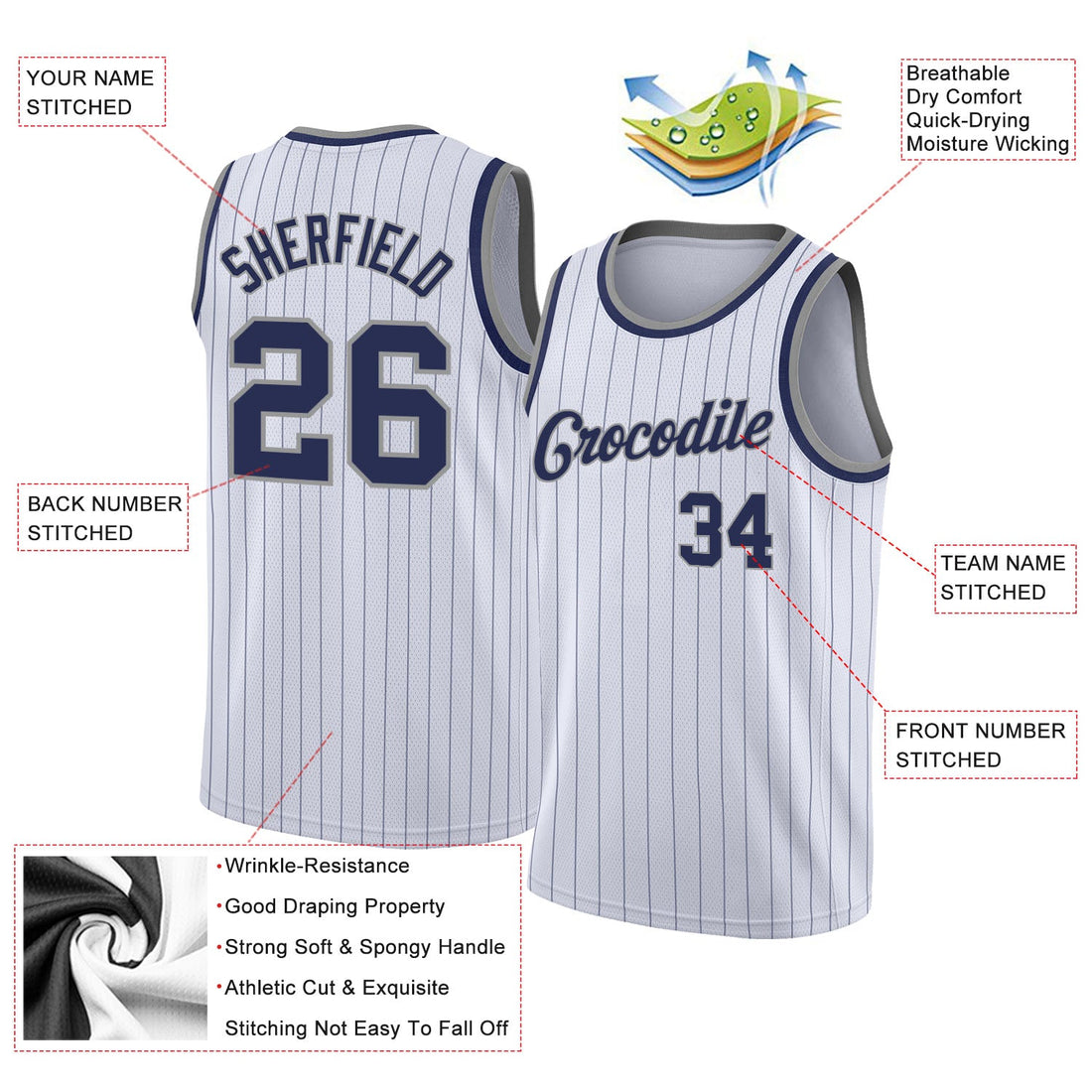 Custom White Navy Pinstripe Navy-Gray Authentic Basketball Jersey