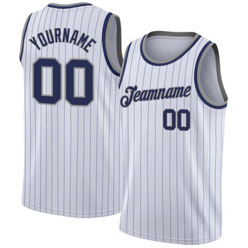 Custom White Navy Pinstripe Navy-Gray Authentic Basketball Jersey