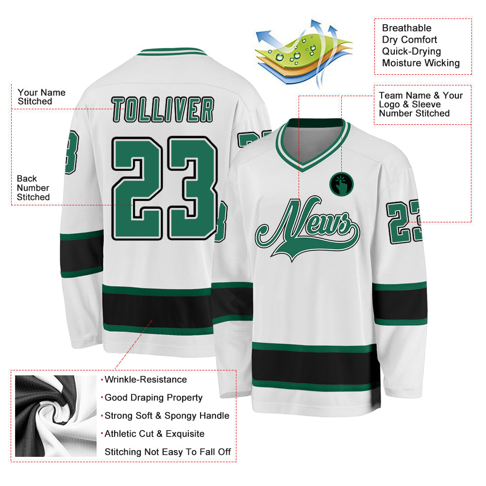 Custom White Kelly Green-Black Hockey Jersey