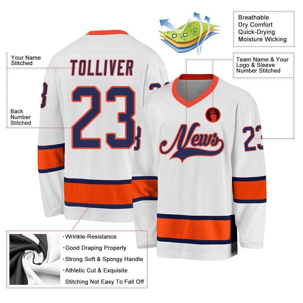 Custom White Navy-Orange Hockey Jersey