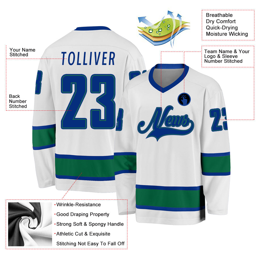 Custom White Royal-Kelly Green Hockey Jersey