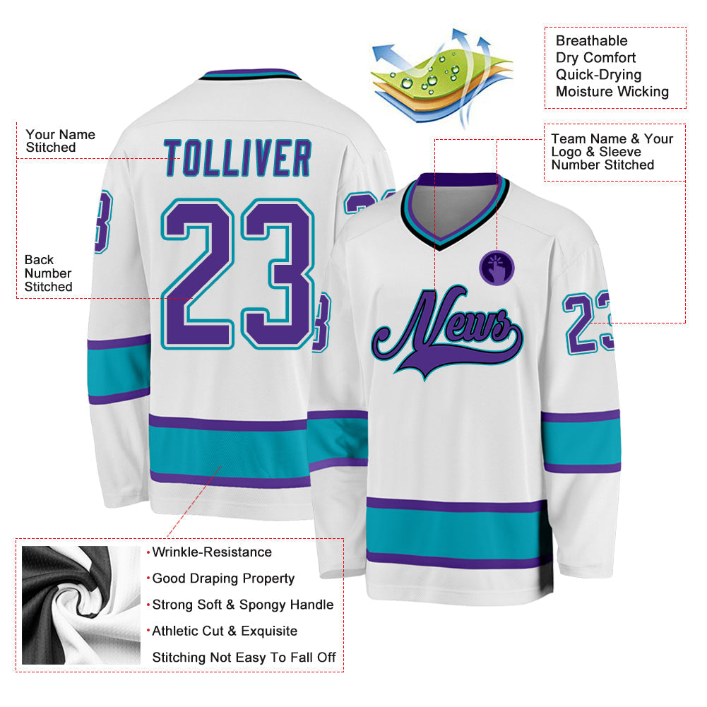 Custom White Purple-Teal Hockey Jersey