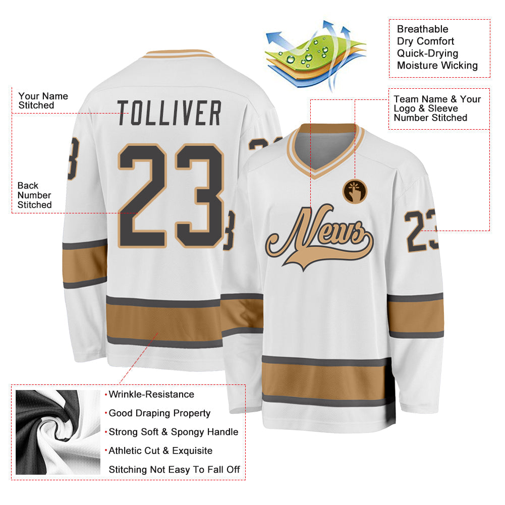 Custom White Steel Gray-Old Gold Hockey Jersey