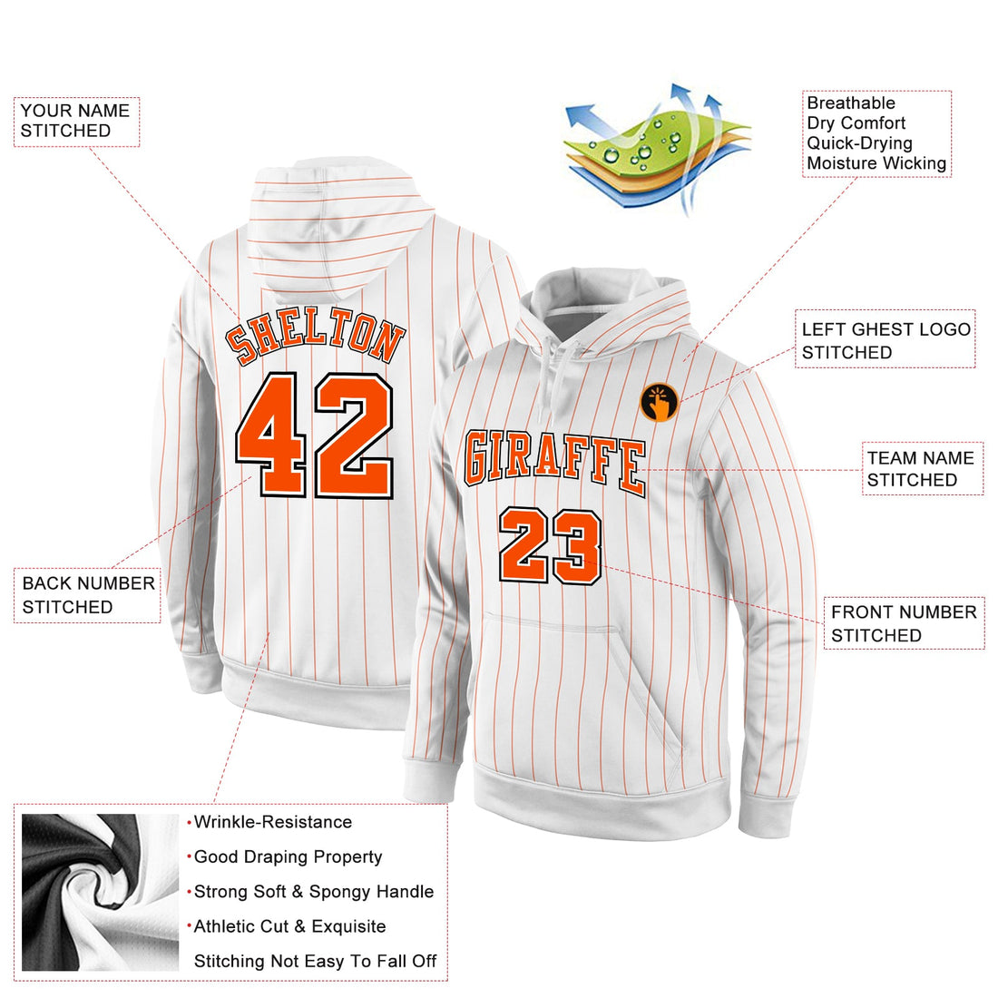 Custom Stitched White Orange Pinstripe Orange-Black Sports Pullover Sweatshirt Hoodie