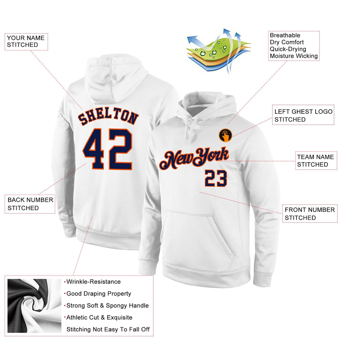 Custom Stitched White Navy-Orange Sports Pullover Sweatshirt Hoodie