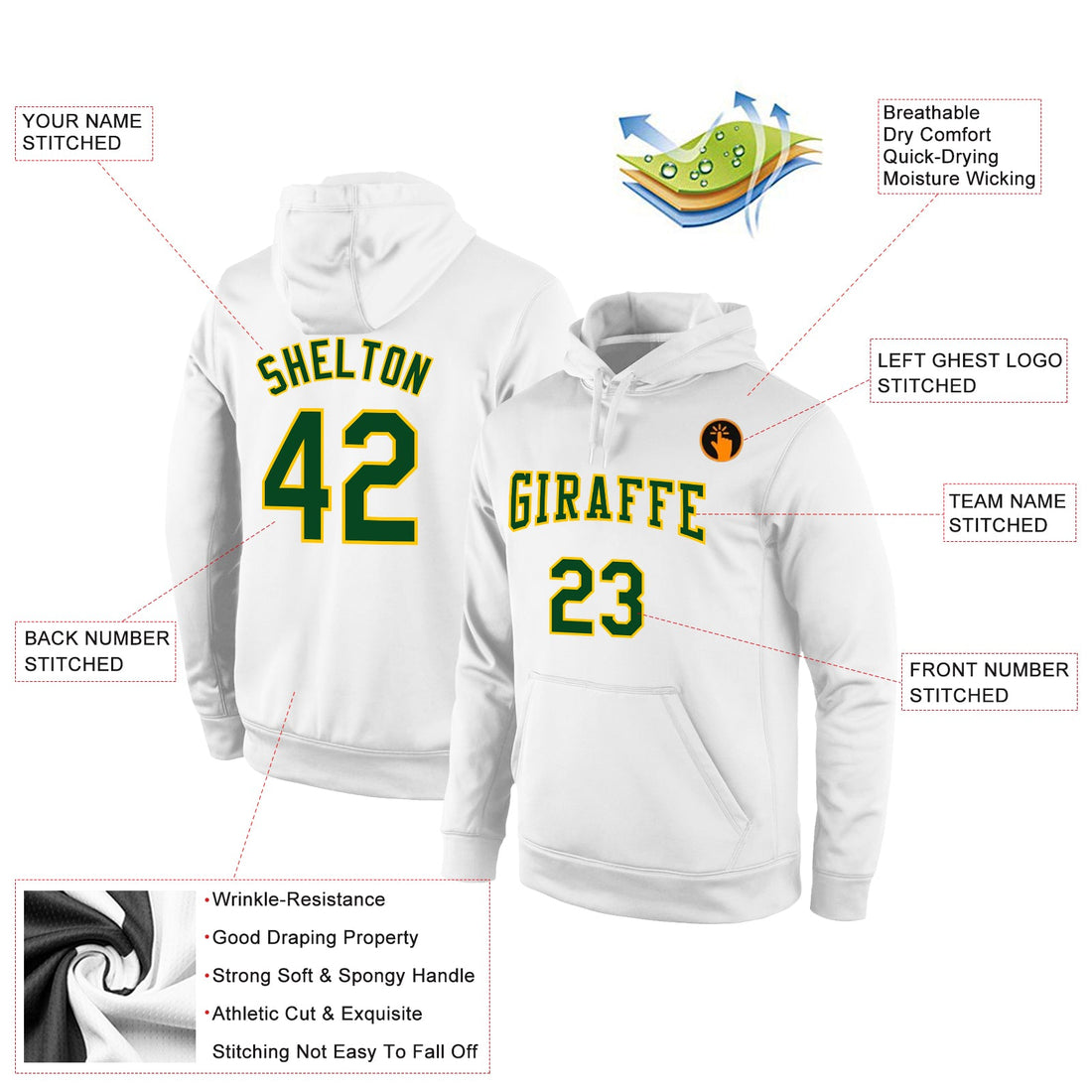 Custom Stitched White Green-Gold Sports Pullover Sweatshirt Hoodie