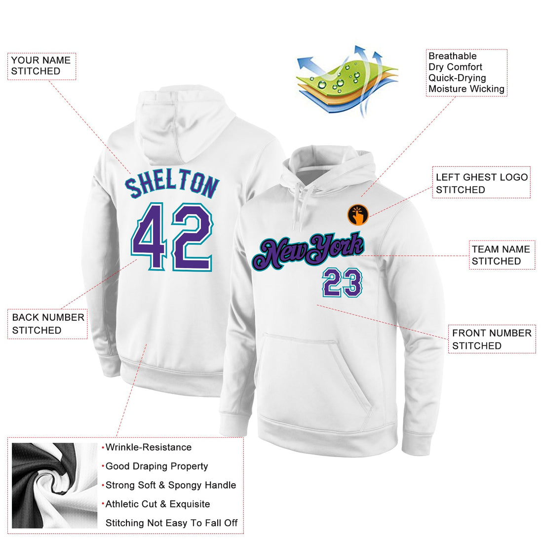 Custom Stitched White Purple-Teal Sports Pullover Sweatshirt Hoodie