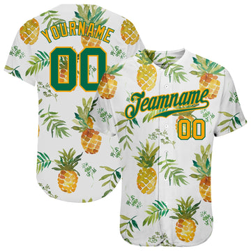 Custom White Kelly Green-Gold 3D Pattern Design Hawaii Pineapples Authentic Baseball Jersey